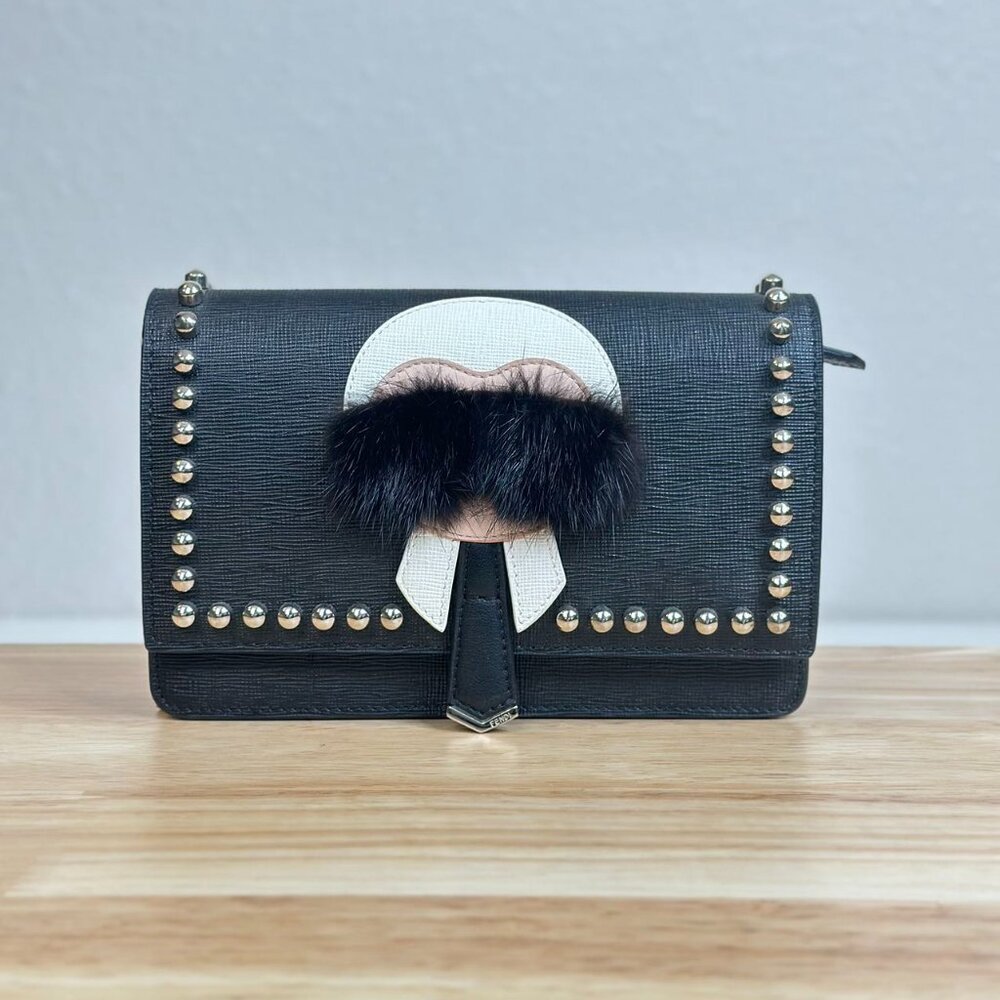 Fendi Black Leather Shoulder Bag Crossbody With Stud